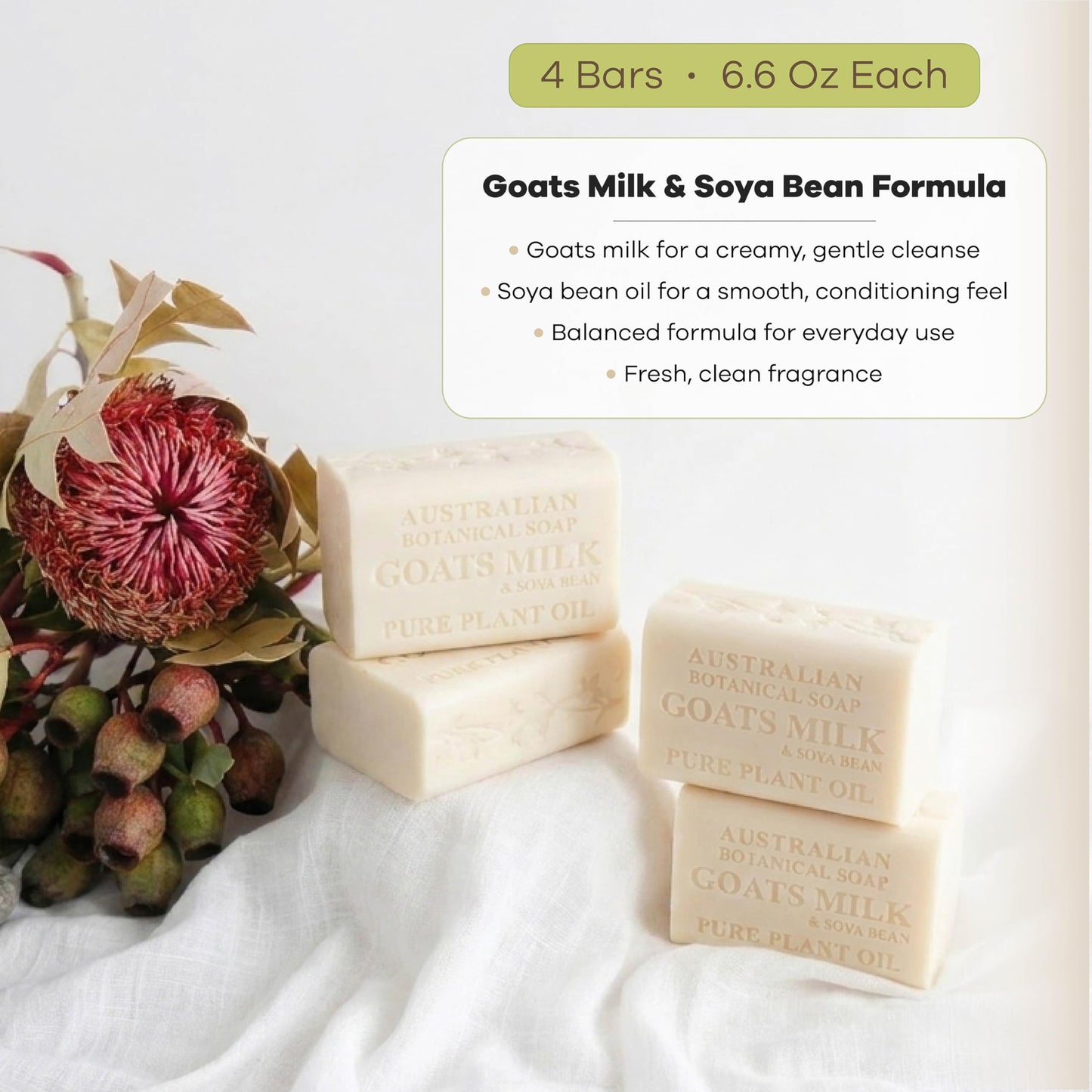 Australian Botanical Goats Milk Soap with Soya Bean 6.6 OZ Luxury Soap Bars Enriched Shea Butter, Luxury Face, Hand and Body Bars Suitable for All Skin Types, Pack of 4