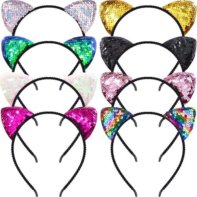Beinou Reversible Sequin Cat Ears Headband Shiny Cat Ear Hair Hoops Cute Bling Hairband Hair Accessories for Women Girl