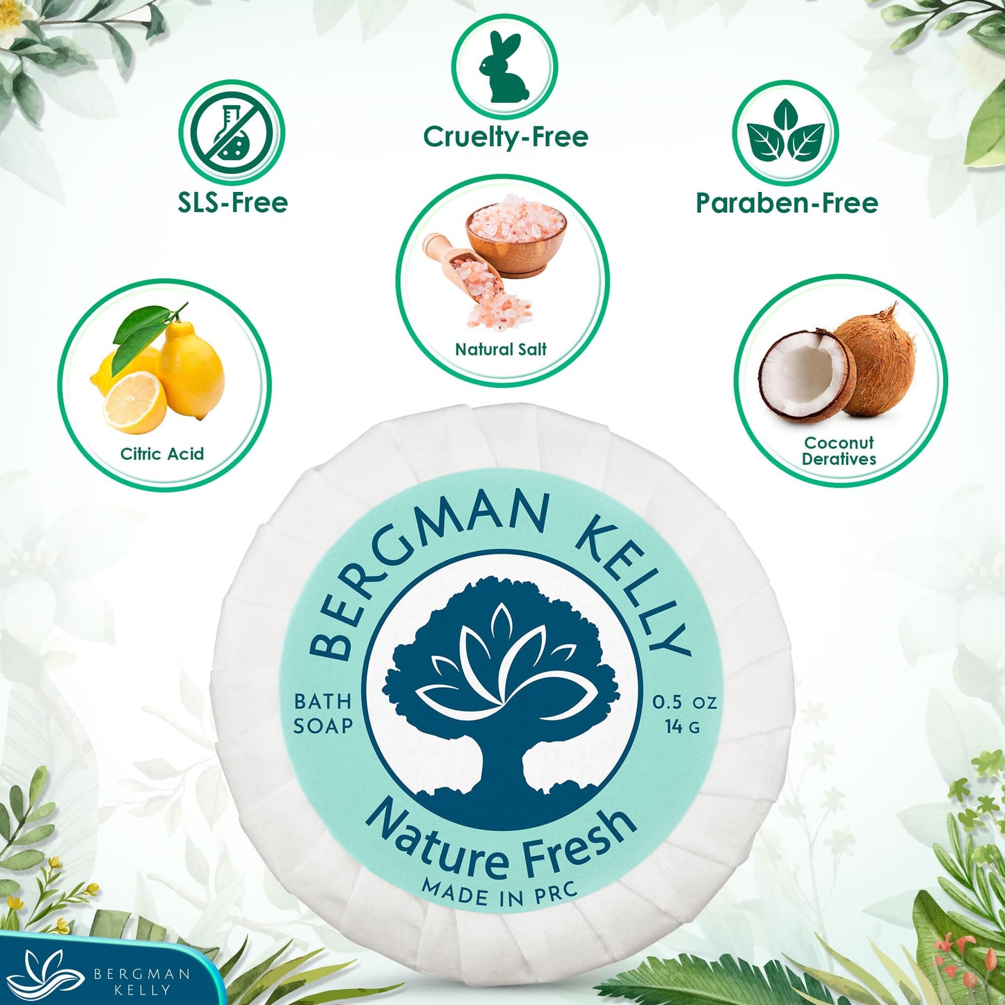BERGMAN KELLY - Hotel Soap Bars - Nature Fresh, 0.5 oz, 100 PK - Travel Size Luxury Bulk Amenities Bar Soap - Mini Individually Wrapped Round Soap - Small Toiletries for Airbnb, Motel, Guest Bathroom