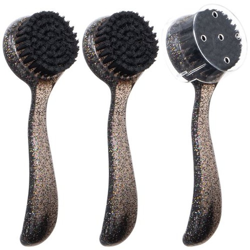 3 Pcs Large Handheld Face Scrubber, Beomeen Facial Cleansing Brush Charcoal Black Bristles Face Exfoliator Cleaner Soft Brush with Lid for Gentle Deep Cleansing and Exfoliating (Black-Glitter)