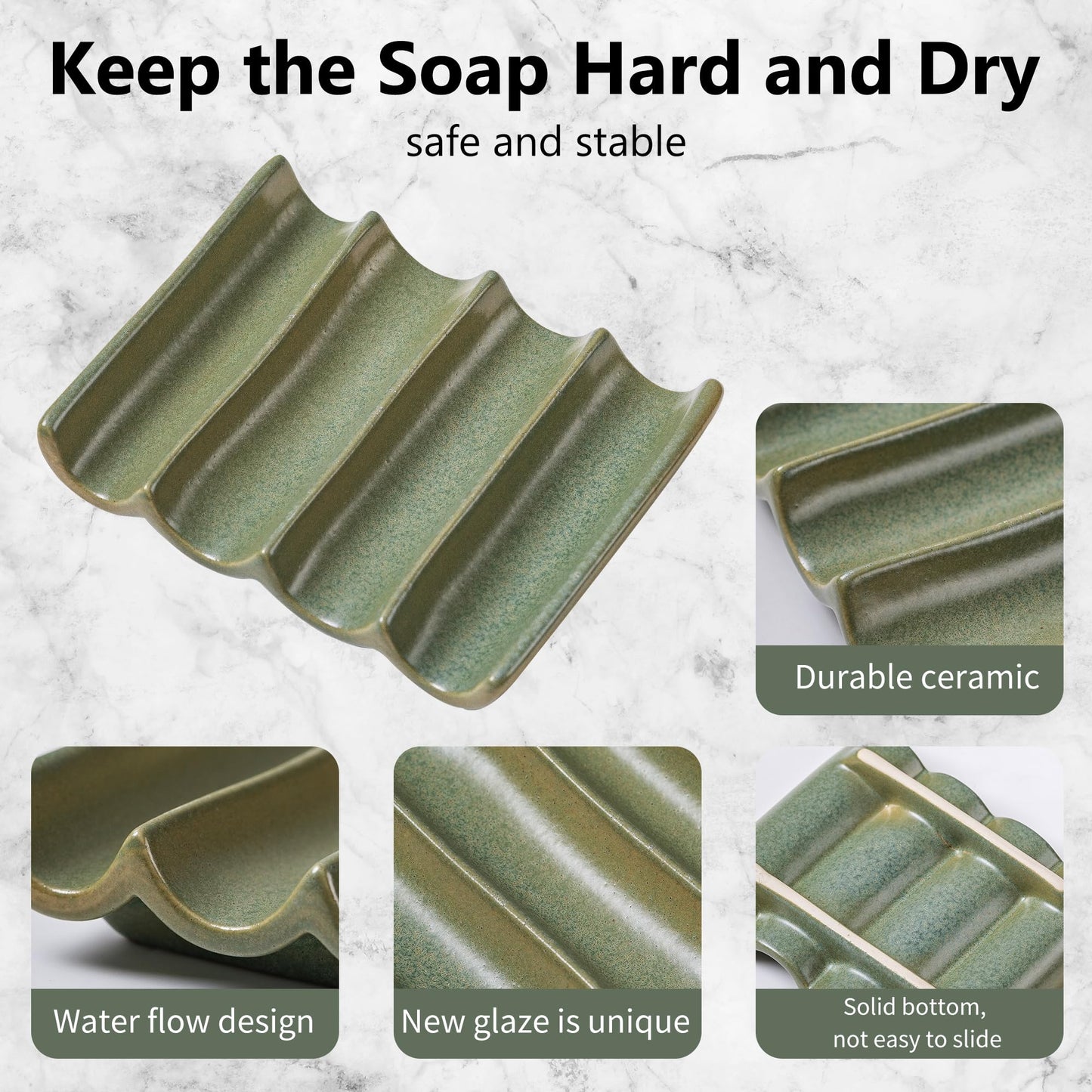 Soap Dish, Draining Ceramic Soap Holder Fluted Design Bar Soap Holder for Shower Bathroom, Soap Saver, Gift for Women Man, White 1 Pcs