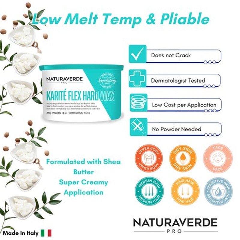 NaturaverdePro Karite Flex Hard Wax, Body and Facial Hair Removal, Brazilian Bikini Wax for Women with Hydrating Shea Butter and Vitamin E - 14 oz