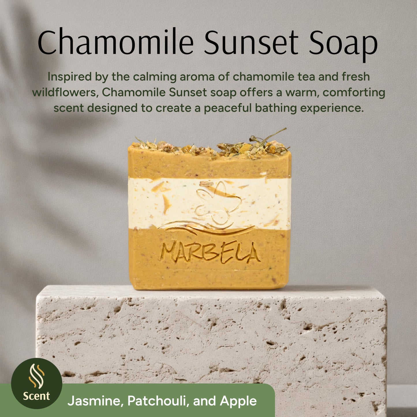 Marbela Cosmetics Handmade Soap Bar - Made in USA, Vegan Friendly, Palm Oil Free, Natural Bar Soap - Face & Body Soap for Daily Skin Care, Moisturizing & Nourishing - 3.5 oz (Chamomile Sunset)