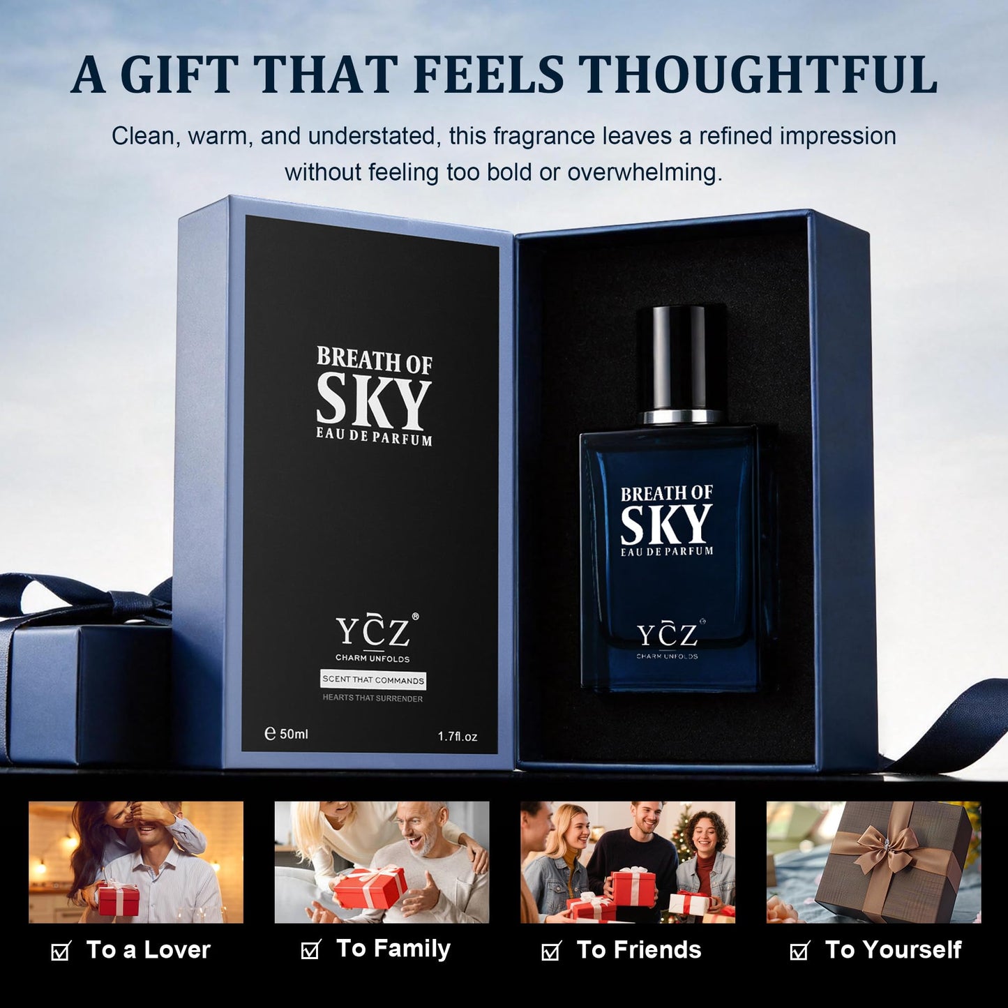 Ycz Breath of the Sky Eau de Parfum for Men, 1.7 Fl Oz (50 mL), Long-Lasting Cologne, Fresh Aromatic Woody Scent with Orange Blossom, Vanilla and Cedarwood Notes for Daily Wear, Travel and Gif