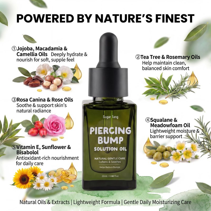 SugarTang Piercing Bump Solution Oil with Natural Jojoba Rosehip Tea Tree, Nose Stud and Downsizing Earrings Studs,Gentle Aftercare for Bumps,Curved Dropper 20ml 1bottle
