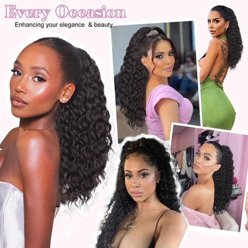 AISI BEAUTY Long Curly Ponytail Extension Drawstring Ponytail for Black Women 22 Inch Synthetic Clip in Pony Tails Hair Extensions(Brown Black)