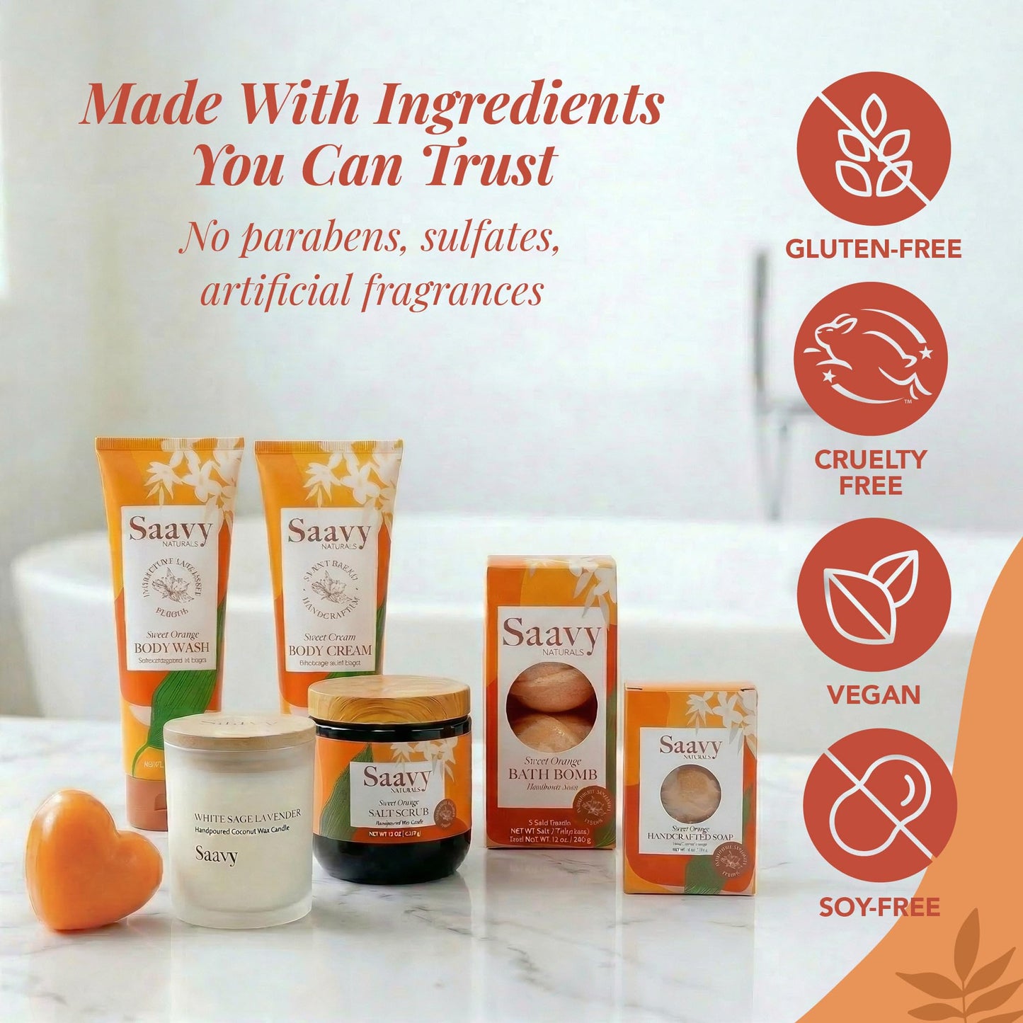 Saavy Naturals 9-Piece Spa Gift Set – Body Wash, Scrub & More – Plant-based Ingredients, Luxurious Spa Gift Basket for Women & Men –Mothers Day Gifts – (Sweet Orange GIft Set)