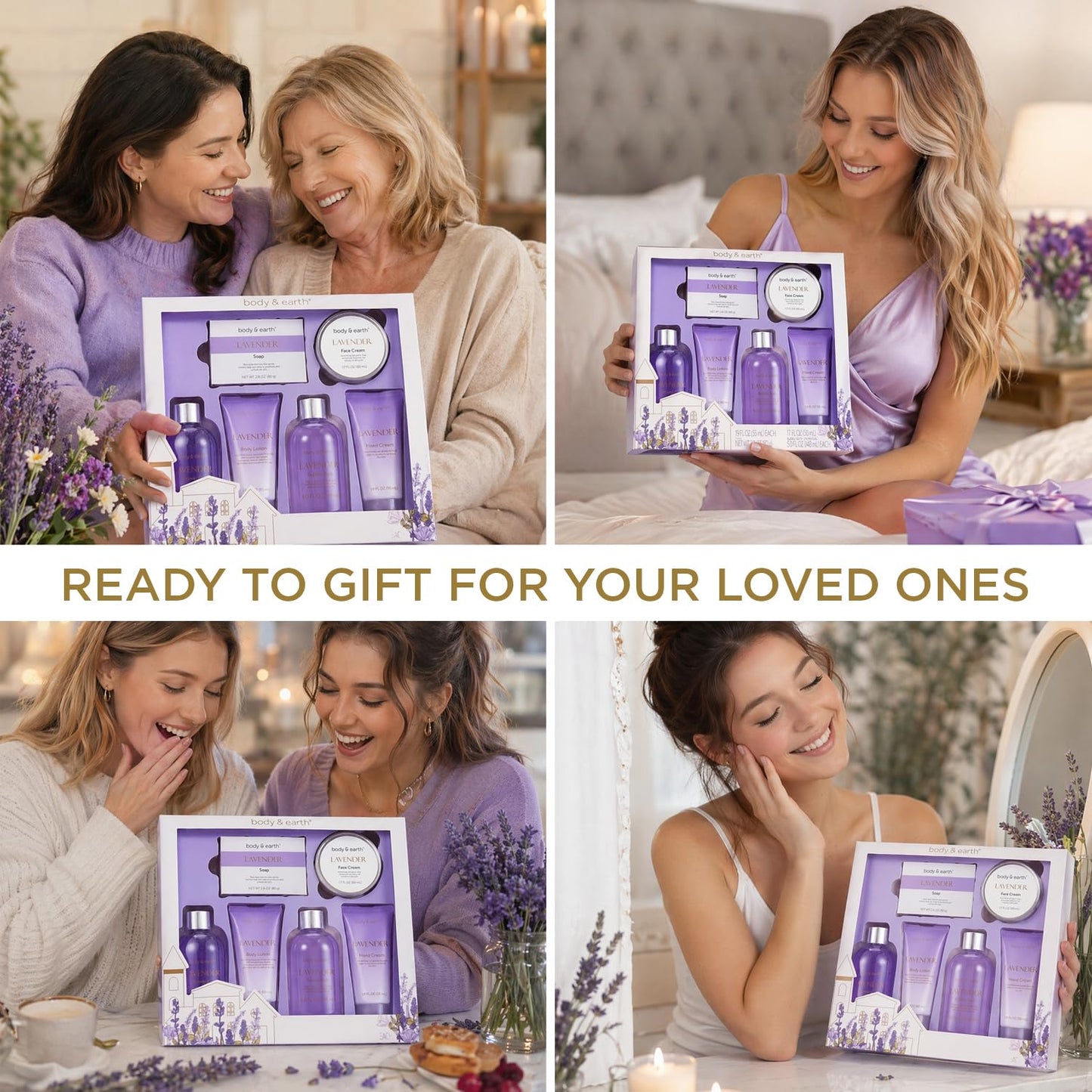 BODY & EARTH Bath and Body Gift Box for Women- 6 Pcs Lavender Bath Kit for Women Spa Set, Birthday, Christmas Gift Set Includes Bubble Bath, Shower Gel, Body Lotion
