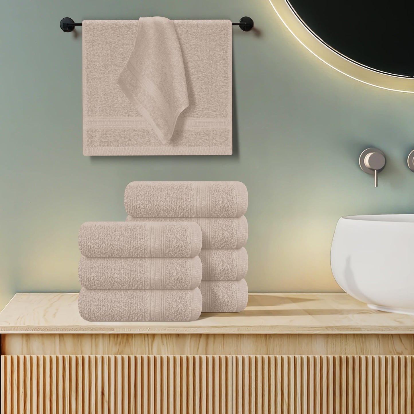 BOUTIQUO Ultra Soft Cotton Washcloths, Contains 12 Piece Face Cloths 12x12 inch, Ideal for Everyday use Face Towels, Compact & Lightweight Multi Purpose Washcloths - Tan
