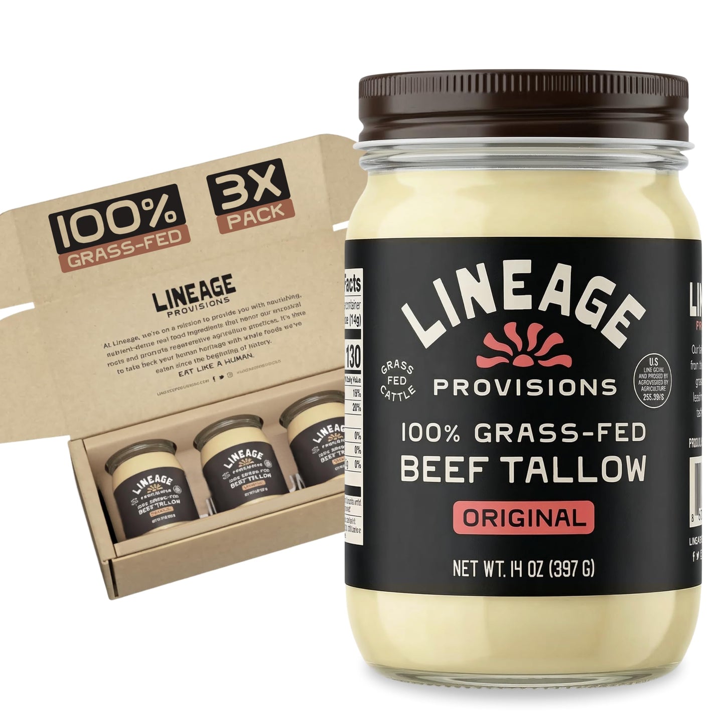 Lineage Provisions - 100% Grass-Fed & Finished Beef Tallow – 3-Pack Glass Jars – US-Raised Cattle – Nose-to-Tail Rendered – Cooking Oil Alternative, Keto & Paleo Friendly