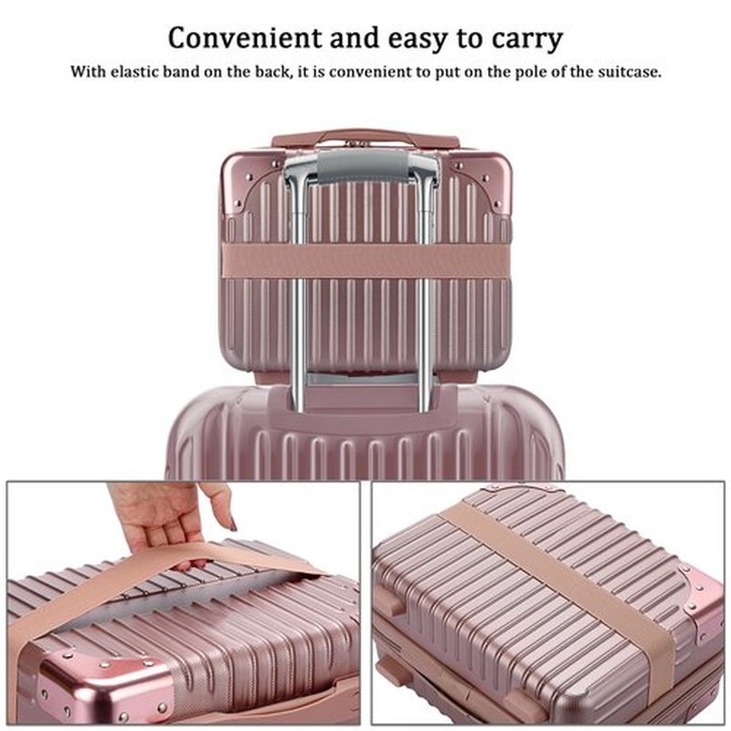 BSTKEY Portable Hard Shell Cosmetic Travel Case, Small Travel Hand Luggage with Elastic Band, Mini ABS Carrying Makeup Case Suitcase, Rose Gold