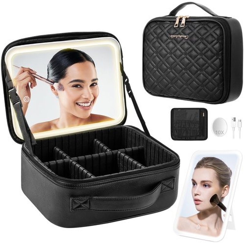 PEEH Travel Makeup Bag with Mirror of LED Lighted, Makeup Train Case with Adjustable Dividers and 10x Magnifying Mirror, Cosmetics Organizer for Women (Black)