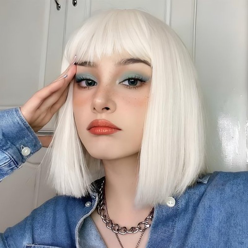 MOSINA White Bob Wig with Bangs,Short Bob Wigs for Women Straight Hair Wig Synthetic Party Wigs for Women Girls 12 Inch Colorful Wigs Halloween Wigs