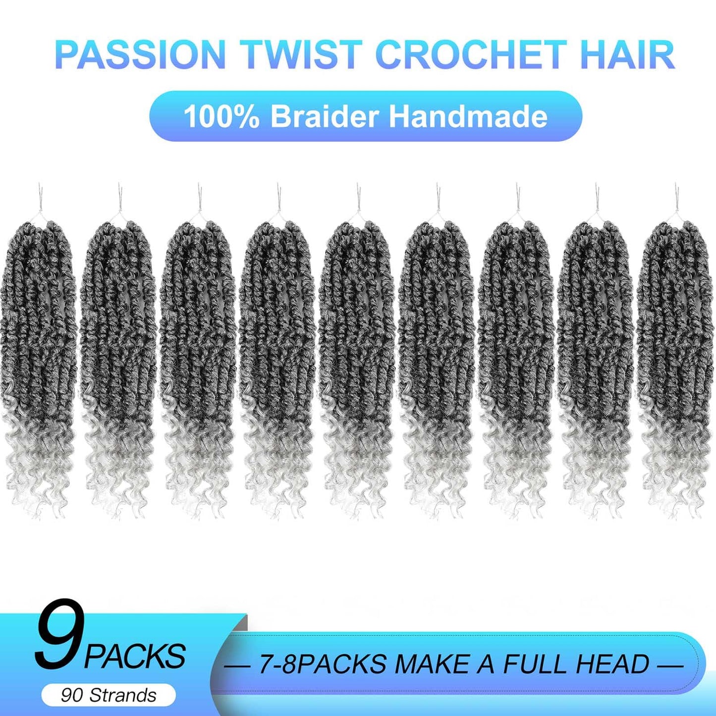 Grey Passion Twist Crochet Hair,12 Inch 9 Packs Pretwisted Passion Twist Hair, Soft Pre Looped and Pre twist Crochet Hair For Women，Short Curly Crochet Braids(12",9bundles,1B/Gray#)