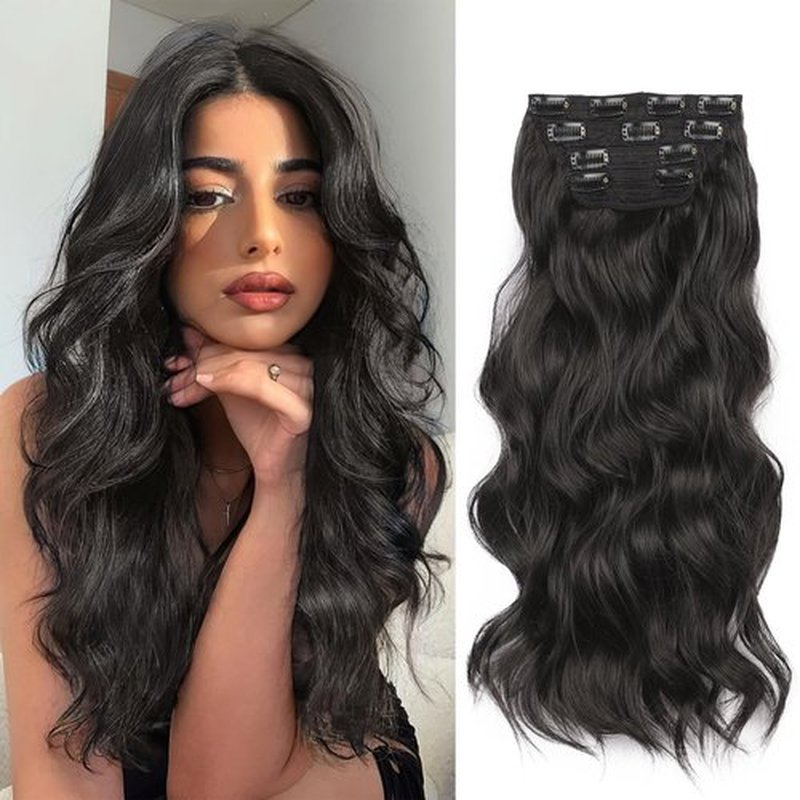 AISI BEAUTY Long Black Hair Extensions Clip in Synthetic Hair Extensions for Women 20 Inch 4PCS Long Wavy Thick Hairpieces