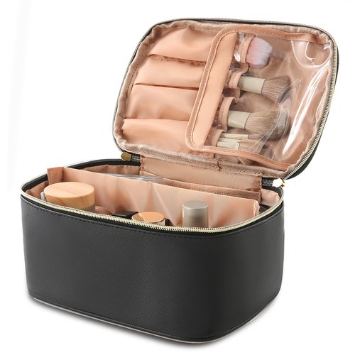 KITENROM Extral Large Makeup Bag Portable Cosmetic Bags for Women Zipper Pouch for Purse Make Up Case with Detachable Divider Toiletry Organization Waterproof Black