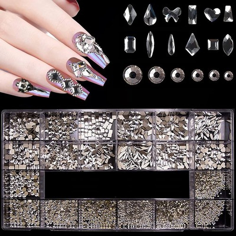 3100Pcs Professional Nail Art Rhinestones Kit, HOINCO White Rhinestones for Nails, Mix 20 Styles Flatback Rhinestone/Gems, 600 Diamonds + 2500 Round Rhinestones Beads for Crafts with Tweezers Pen