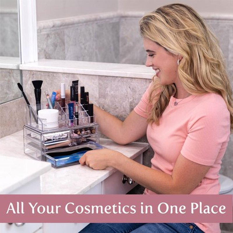 Masisrs Clear Makeup Organizer With Mirror - Cosmetic Storage Organizer - 16 Compartments - Easily Sort Make Up & Jewelry - 4 Drawer Vanity Organizer - Elegant Look - Clear Design - Makeup Holder
