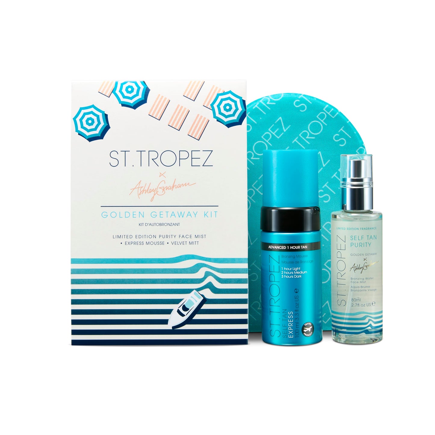 St.Tropez Ashley Graham Golden Getaway Kit, Self Tan Set with Award-Winning Express Bronzing Mousse, Velvet Applicator Mitt and Limited Edition Scent Purity Face Mist, Vegan, Natural & Cruelty Free