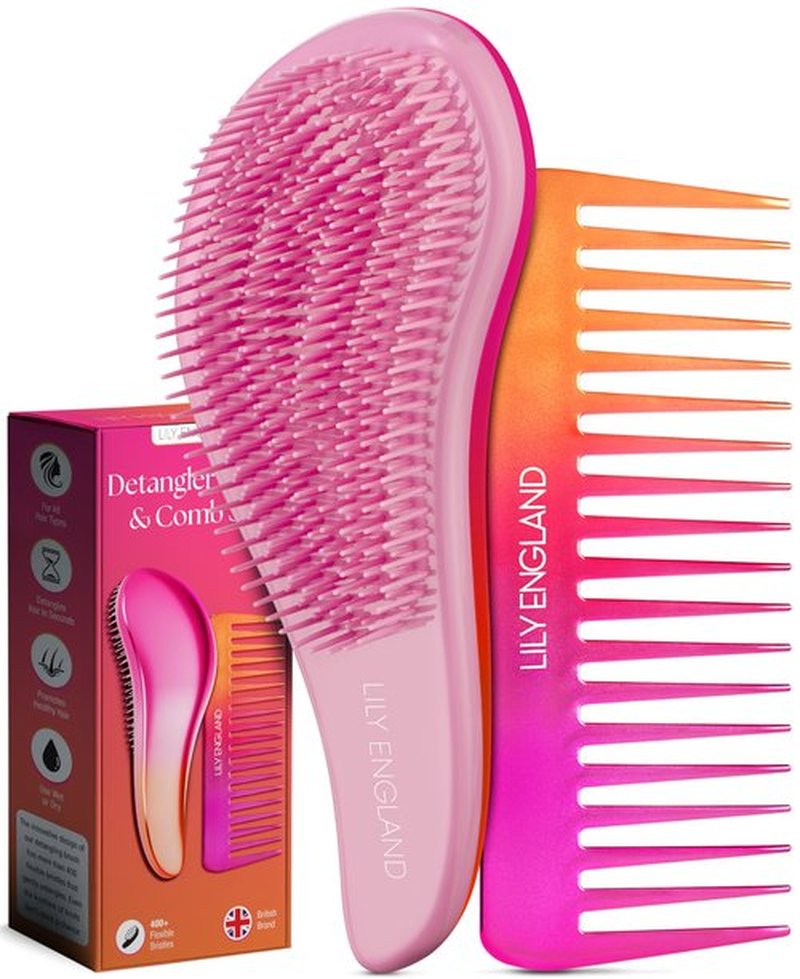 Lily England Detangler Brush & Wide Tooth Comb Set - Lightweight Detangling Tool for Women & Kids - Smooth Curly, Straight, Dry, Fine, Thick Hair, Pink-Orange