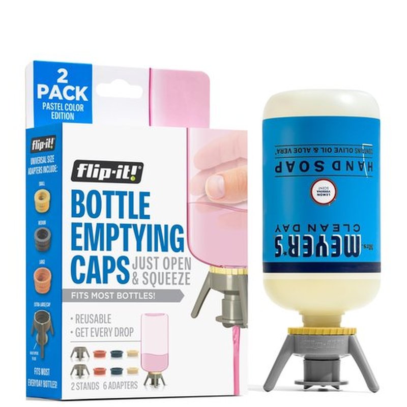 Flip-It! 2-Pack Bottle Emptying Kit – Gadget Gifts & Unique Xmas Gift – No More Wasted Product – Fits Most Plastic Bottles – Stocking Stuffer Gift Idea – 2 Base Caps, 6 Adapters – Pastel Color Edition