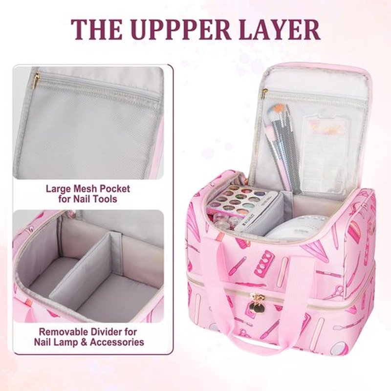 Jaffzora Nail Polish Organizer Case, Double Layers Nail Organizers and Storage, Holds 40 Bottles Gel Nail Polish&Nail Lamp, Travel Nail Supplies Carrying Bag for Nail Art Tech & Manicure Tools,Pink