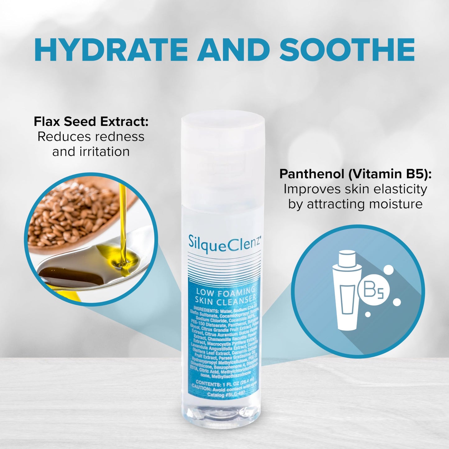 SilqueClenz Low Foaming Skin Cleanser – Gentle, Low pH Wound Cleanser for Scars, Sensitive Skin & Post-Op Areas - Hydrates with Flax Seed Extract & Vitamin B5 – Compact Travel-Ready Bottle, 1 fl. oz