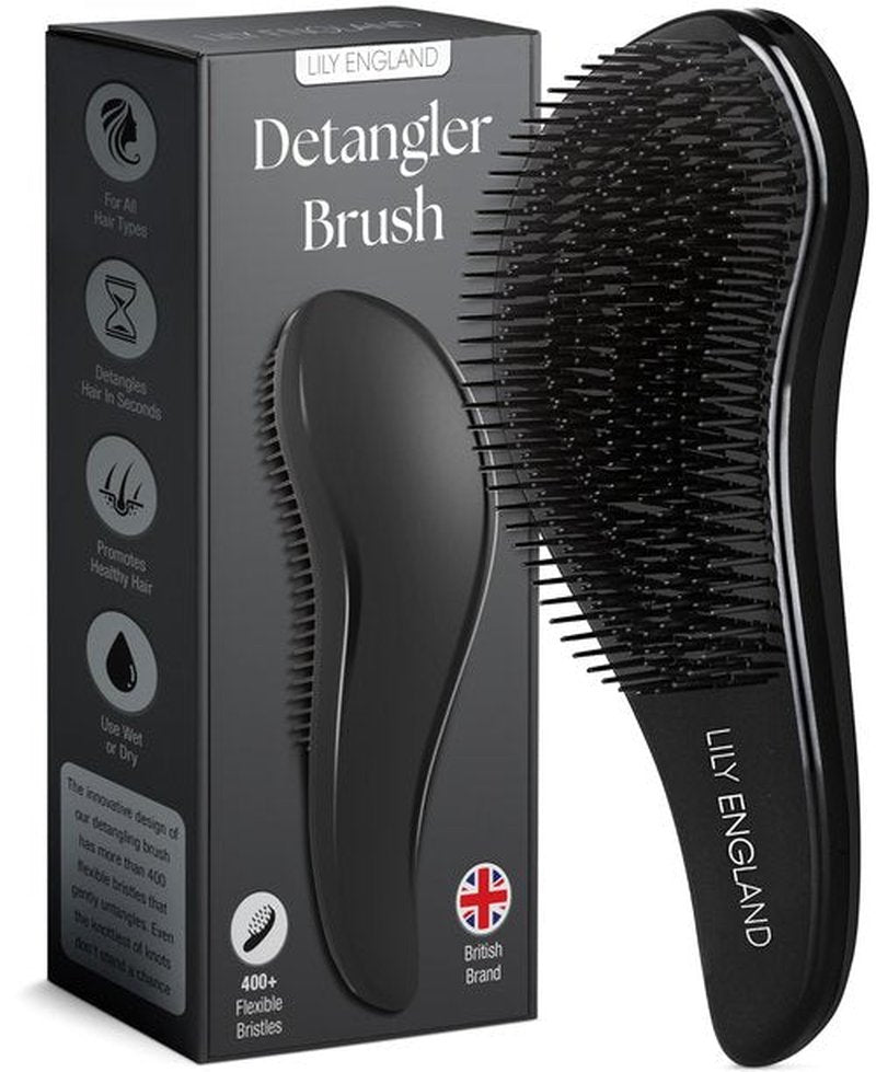 Lily England Detangler Brush for Curly Hair, Thick, Straight & Natural Hair - Gentle Detangling Hair Brush for Women, Kids & Toddlers with Flexible Bristles - Hairbrush for Wet & Dry Hair, Black