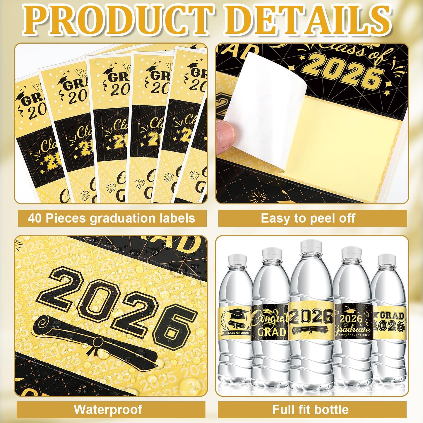 2026 Graduation Water Bottle Labels, 40pcs Graduation Decorations Class of 2026 Personalized Stickers for Bottles, Graduations Favors Party Supplies Decors for High School College (Gold)