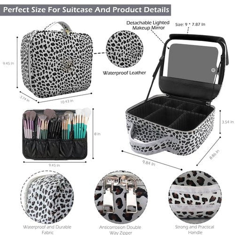 Travel Makeup Bag Cosmetic Bag Makeup Organizer Bag with Lighted Mirror, Adjustable Brightness in 3 Color Scenarios, Waterproof Makeup Train Case, Gift for Women - Leopard White