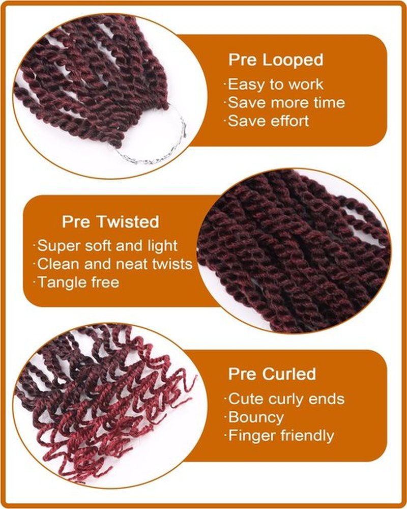 Short Burgundy Crochet Hair 6 Inch Wavy Senegalese Twist Crochet Hair 8 Packs Kinky Twist Crochet Hair Pre Looped Crochet Braids with Curly Ends (6 Inch,Tbug)