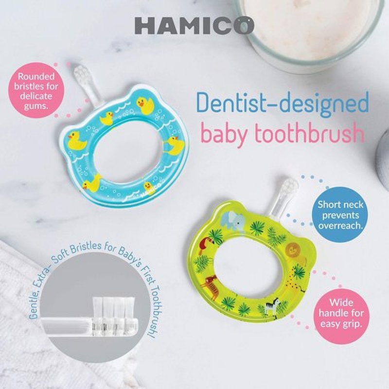 HAMICO Baby Toothbrush Gift Set Gentle, Extra-Soft Bristles for Baby’s First Toothbrush | Easy Grasp-No Overreach Infant Toothbrush | BPA Free | 2-Pack: Rubber Ducks & Jungle Animals