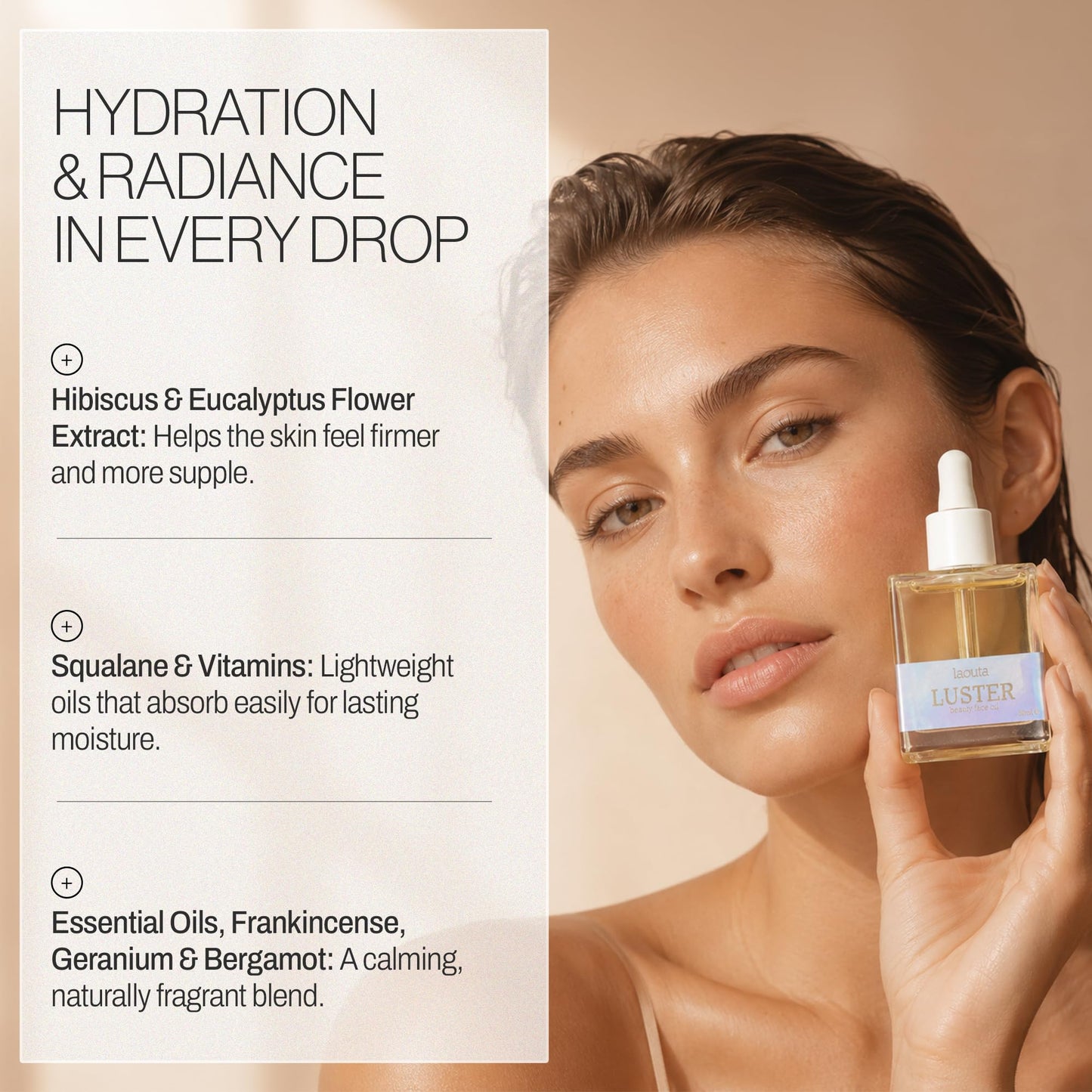 Laouta LUSTER Face Oil – Hydrating Skincare Serum – Hibiscus & Eucalyptus Flower Extract for Elasticity – Squalane Penetrates Vitamins into Dermis – Dewy Glow Night Routine - 1.01 Fl Oz
