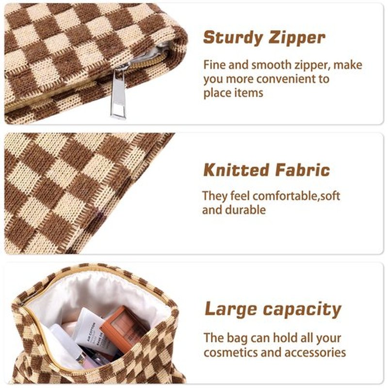 ZLFSRQ 2Pcs Checkered Makeup Bag for Women Large Cosmetic Bag Set Travel Toiletry Bag Makeup Pouch Bag for Purse Brown Zipper Storage Bag Organizer Cute Small Aesthetic Girls Car Essentials Bag