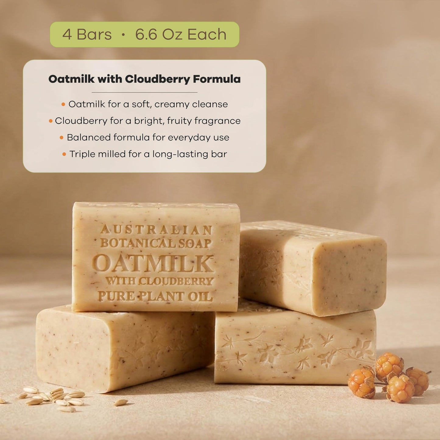 Australian Botanical Soap Oat Milk with Cloudberry – Triple Milled 6.6 oz Bar Soap with Shea Butter, Face Hand & Body Soap Bars, Pack of 4