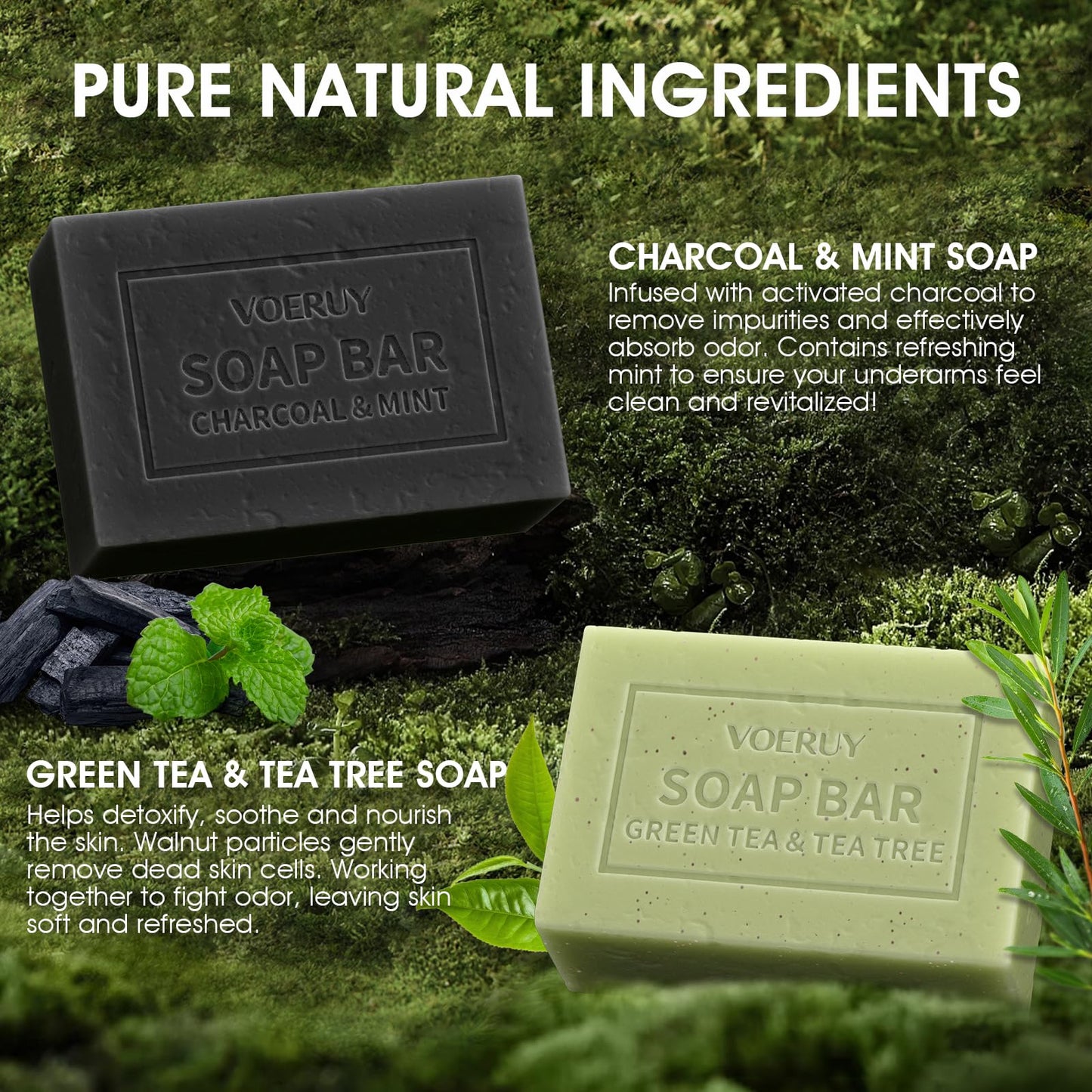 Underarm Detox Soap, 2 Pcs Armpit Detox Soap with Green Tea & Tea Tree, Charcoal & Mint for Eliminating Odor, Exfoliating, Moisturizing , Bar Soaps for Legs, Knee, Feet, Hands Whole Body - 10 oz（280g）