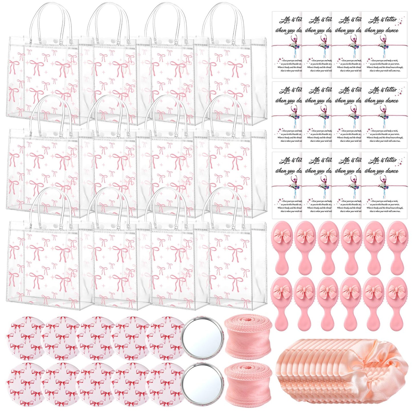 Ferrochef 12 Sets Pink Ballerina Party Favors Dance Back to School Gifts Bulk Dance Birthday Party Supplies with Scrunchies Hair Brush Card Compact Mirror Bracelet Bags Ballerina Team Gifts for Women