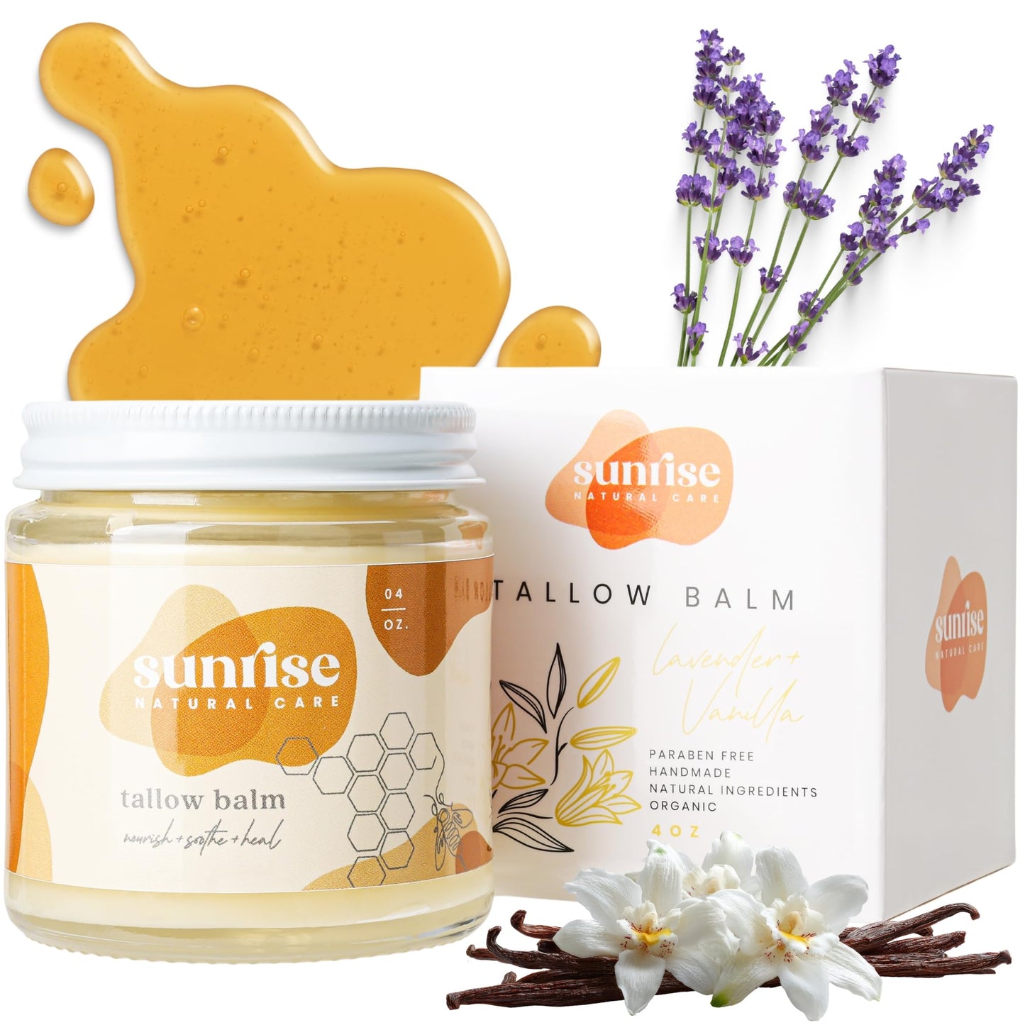 Sunrise Natural Care Unwhipped Honey and Tallow Balm - Body and Face Moisturizer - 100% Grass Fed Beef Tallow - 4 ounces - Lavender + Vanilla