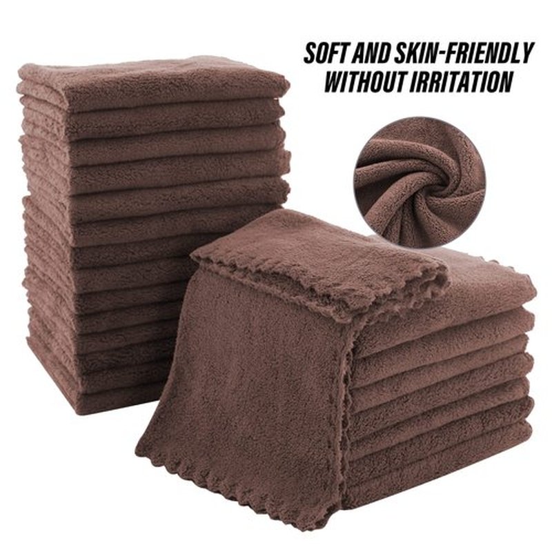 MOONQUEEN Ultra Soft Premium Washcloths Set - 12 x 12 inches - 24 Pack - Quick Drying - Highly Absorbent Coral Velvet Bathroom Wash Clothes - Use as Bath, Spa, Facial, Fingertip Towel (Wood Brown)
