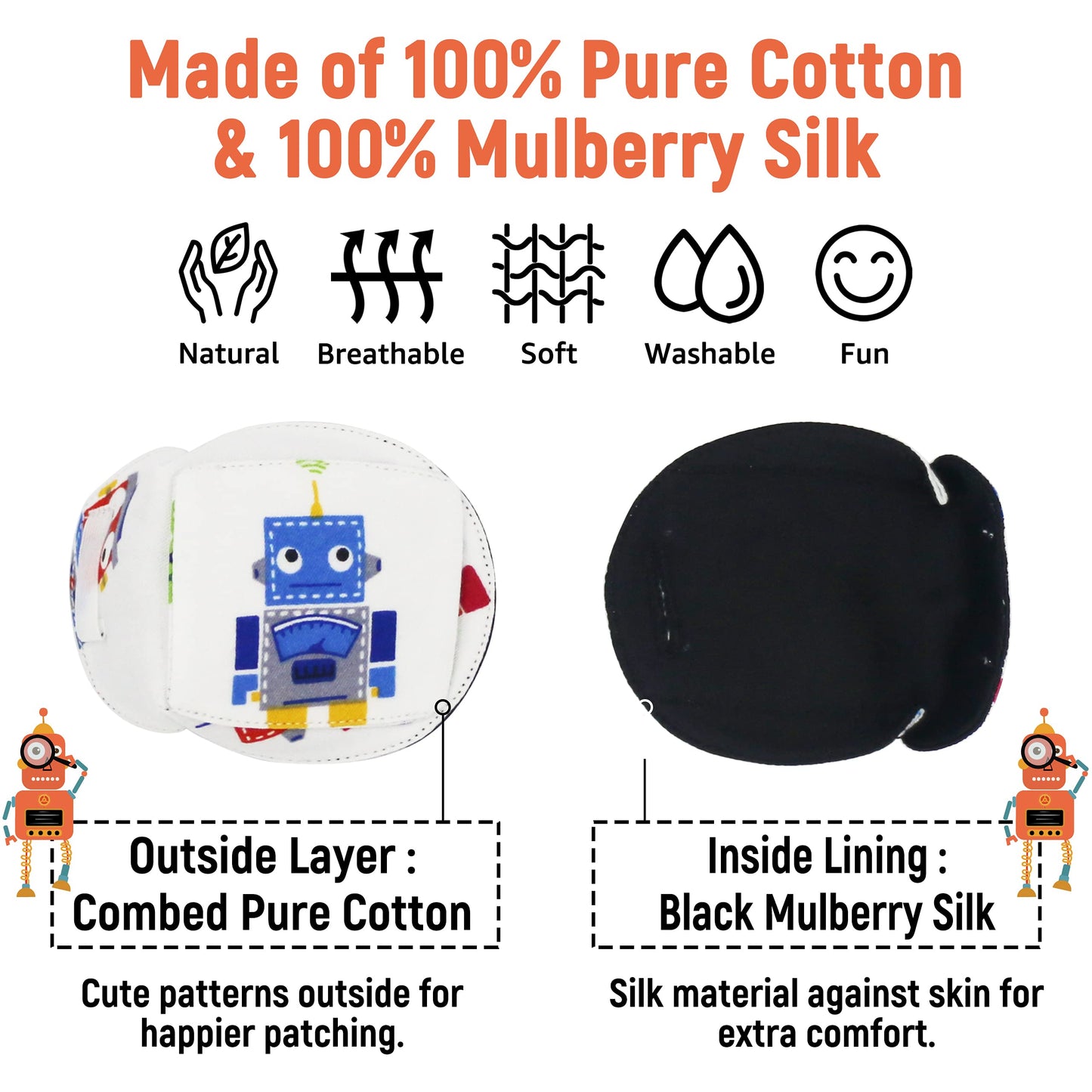 Astropic 3D Cotton & Silk Eye Patch for Kids | Boys Eye Patch for Glasses | Medical Eyepatch for Children with Lazy Eye (Blue Robot, Right Eye)