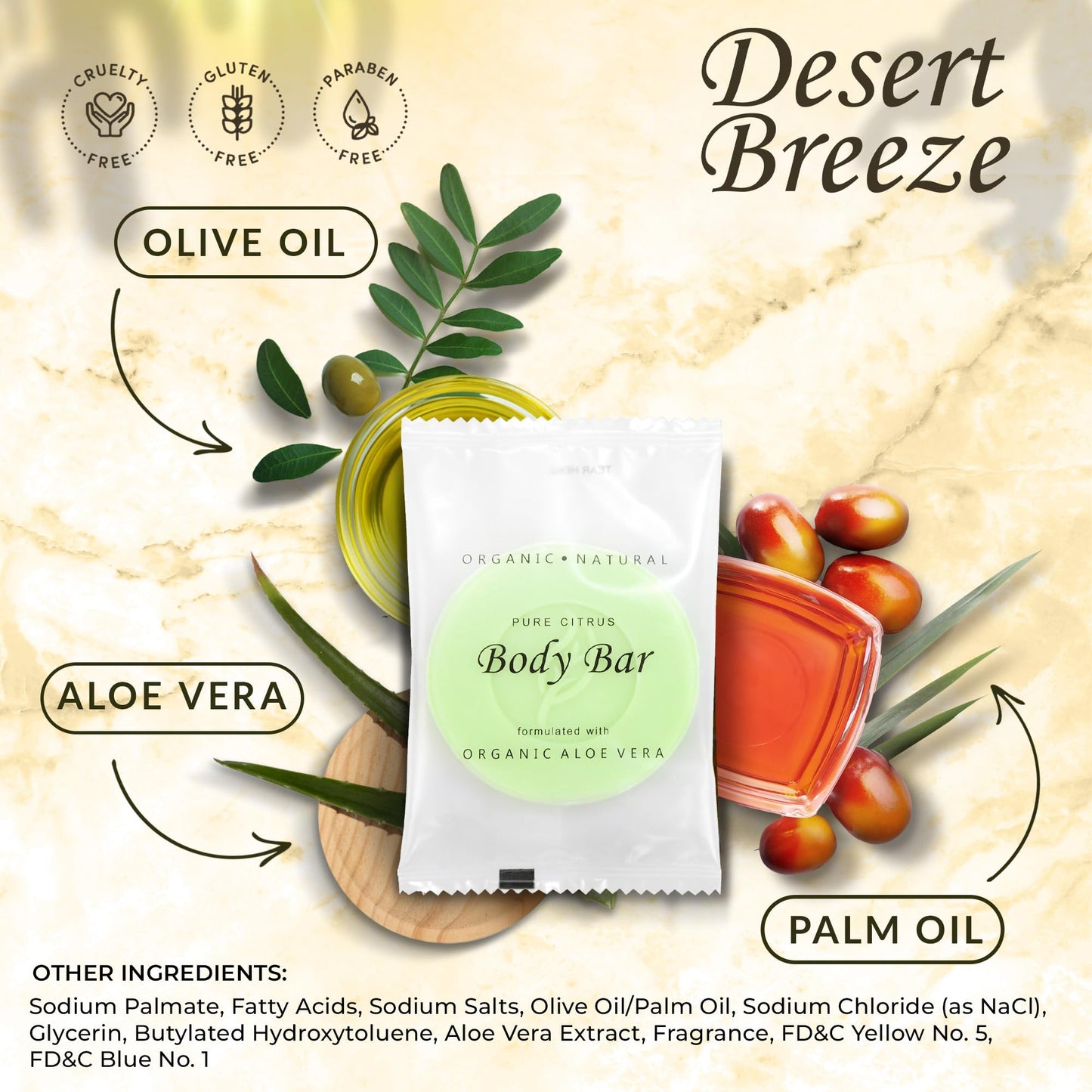 Travel Size Hotel Body Bar Soap 100 Count 1 oz Bars Guest Amenities for Vacation Rentals and Short Term Rentals Paraben Free Lemon & Chamomile Scent Infused with Aloe and Olive Oil by Desert Breeze
