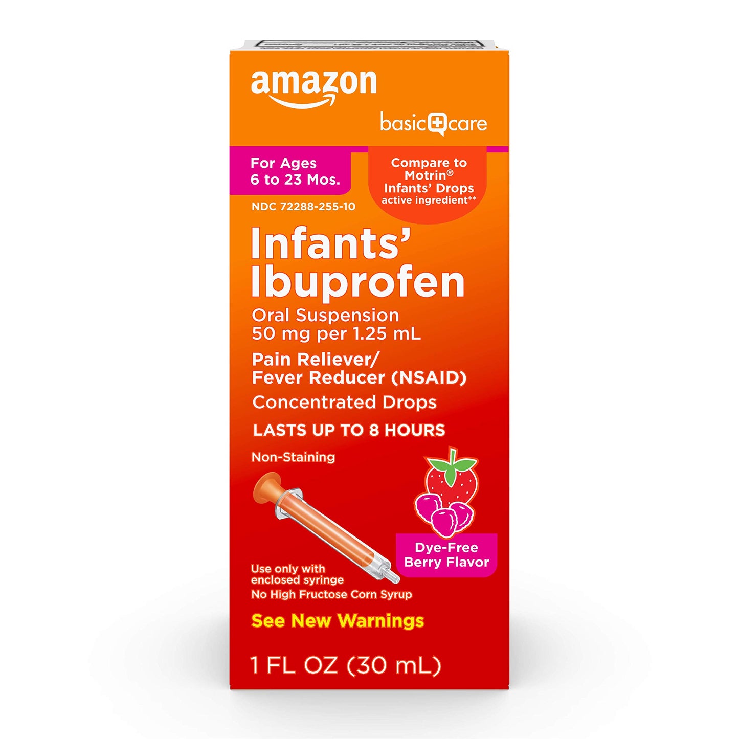 Amazon Basic Care Infants' Ibuprofen Oral Suspension, Pain Reliever and Fever Reducer, 50 mg/1.25 mL, Berry Flavor Concentrated Drops, Dye-Free, 1 fl oz (Pack of 1)