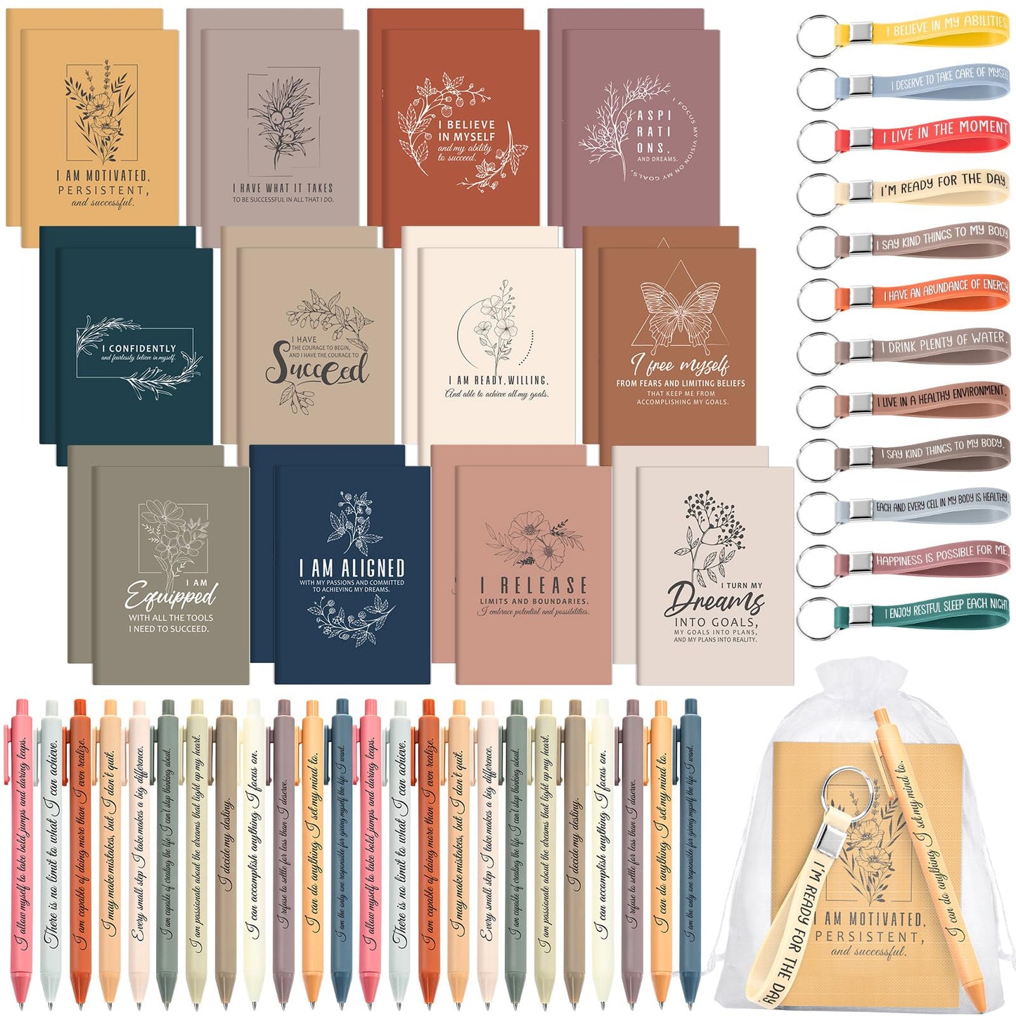 Mooliwe 24 Set Positive Affirmation Gift Set Gratitude Notebooks with Pens Keychains Small Bags Motivational Party Favors for Adult Women Coworkers Employee Group (Vibrant)