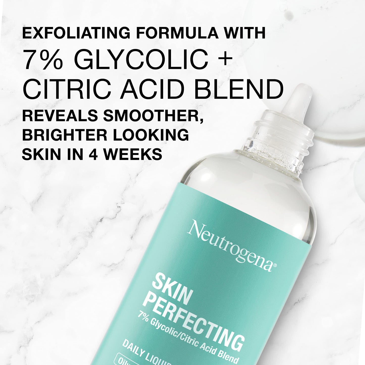 Neutrogena Skin Perfecting Daily Liquid Facial Exfoliant with 7% Glycolic/Citric Acid Blend for Oily Skin, Smoothing & Clarifying Leave-On Face Exfoliator, Oil- & Fragrance-Free, 4 fl. oz