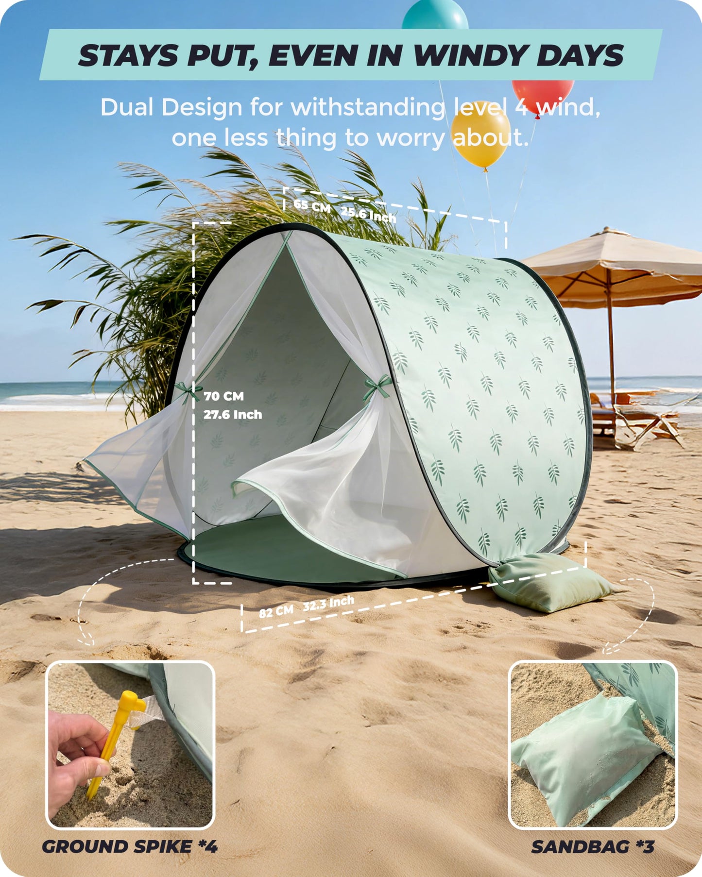 WEMOH Baby Beach Tent, 2026 Upgrade Pop-Up UPF 50+ Sun Protection with Mosquito Net Shelter Canopy Portable Outdoor Shade Summer Essentials for Babies Toddlers- Green Leaves