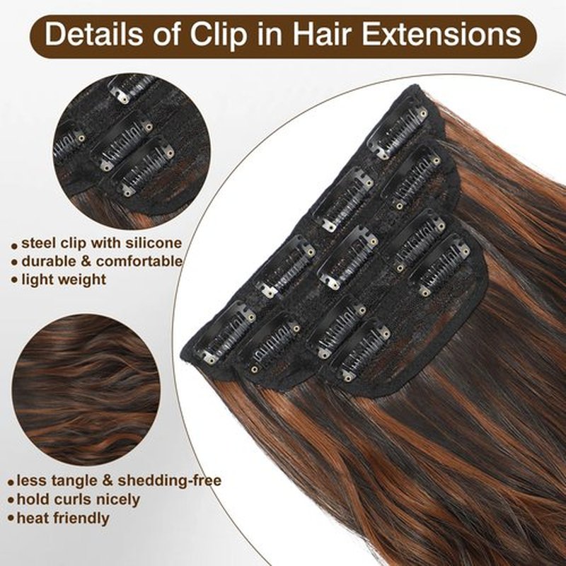 Clip In Hair Extensions Natural Black with Highlights Hair Extensions Clip ins Smooth and Tangle Free Lightweight Lace Net 4PCS Synthetic Hairpieces