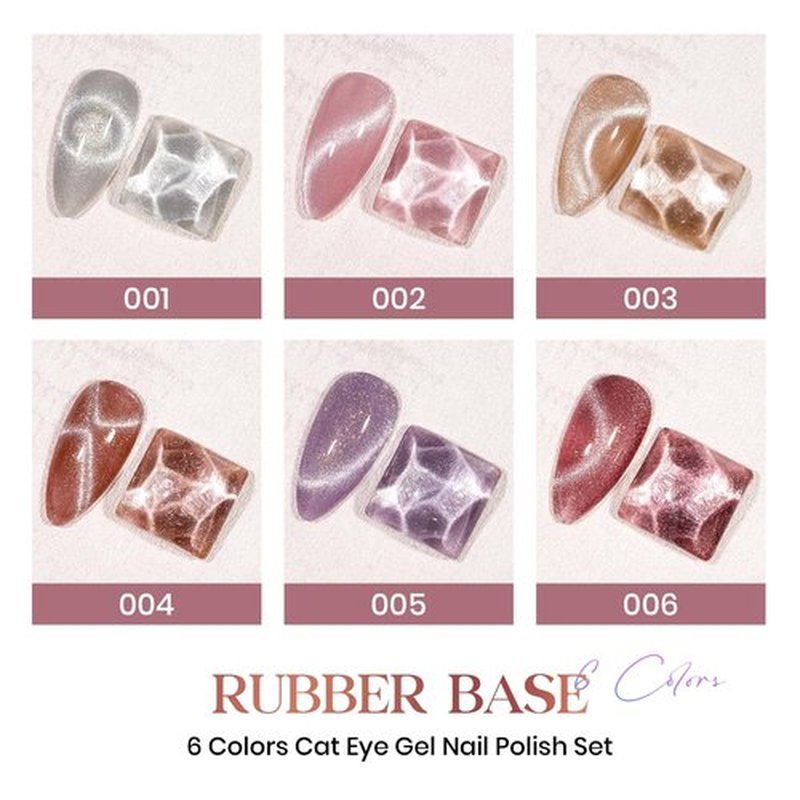 MIZHSE Cat Eye Gel Polish Set, 3 in 1 Rubber Base Gel For Nails, 6 Colors 10ml Holographic Glitter Cat Eye Gel with 2 Magnets, No Need Base Coat Fast Cure Soak Off LED Nail Gel