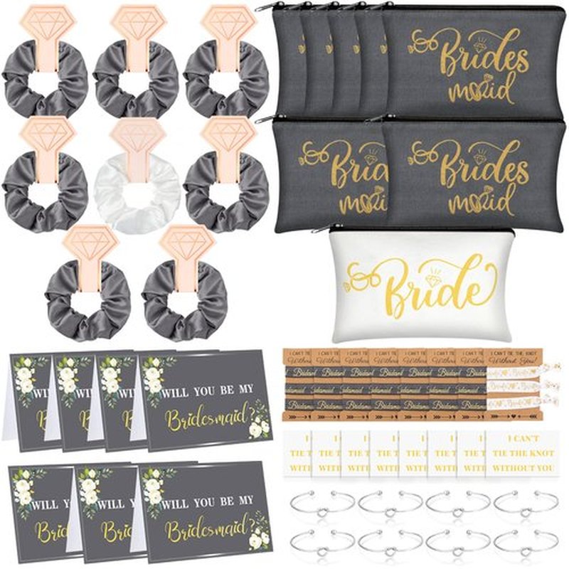 Jutom 63 Pcs Bridesmaid Proposal Gifts Bulk Maid of Honor Gifts Matron of Honor Gifts Brides Bridesmaid Cosmetic Makeup Bag Hair Knotted Bracelets Invitation Cards for Wedding Bachelorette (Honor)