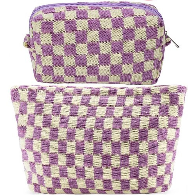 ZLFSRQ 2Pcs Checkered Makeup Bag for Women Large Cosmetic Bag Set Travel Toiletry Bag Makeup Pouch Bag for Purse Purple Zipper Storage Bag Organizer Cute Small Aesthetic Girls Car Essentials Bag