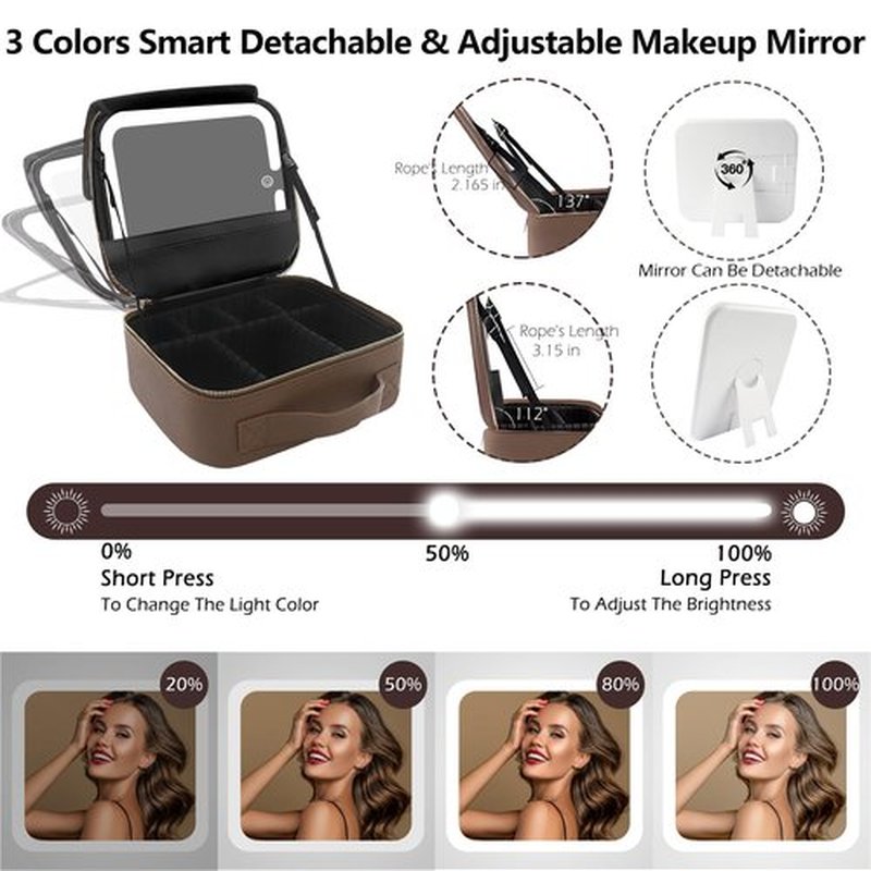 MOMIRA Travel Makeup Bag Cosmetic Bag with Lighted Mirror, Adjustable Brightness in 3 Color Scenarios, Waterproof, 10x Magnifying Mirror, Rotatable Independent Light Mirror- Brown(Solid)